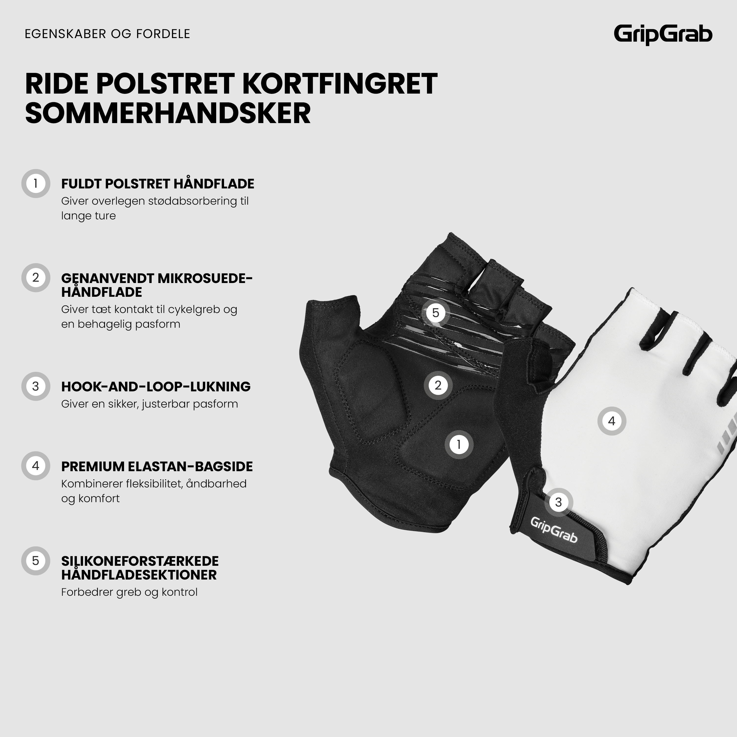 Beklædning - Cykelhandsker - GripGrab RIDE Polstret Kortfingret Sommerhandsker - White