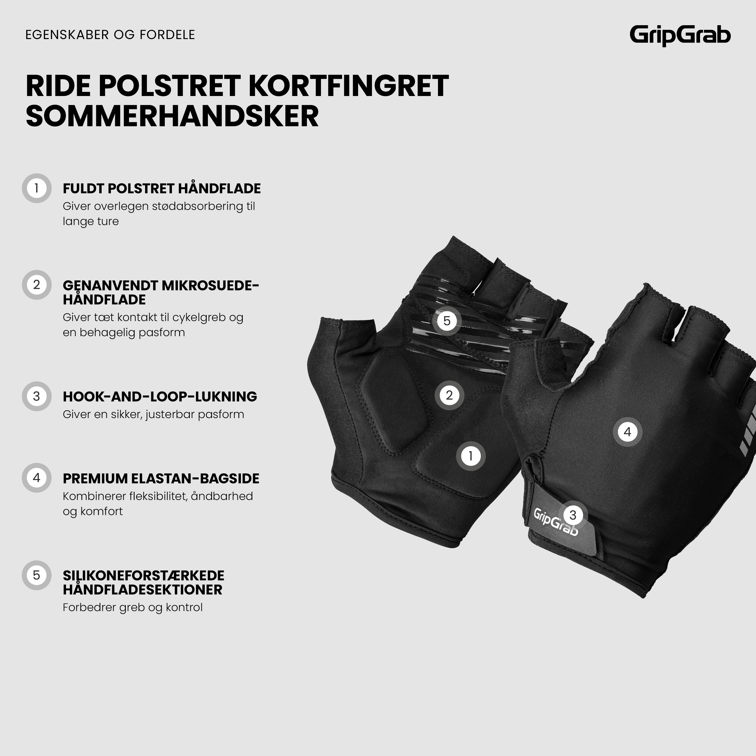 Beklædning - Cykelhandsker - GripGrab RIDE Polstret Kortfingret Sommerhandsker - Black