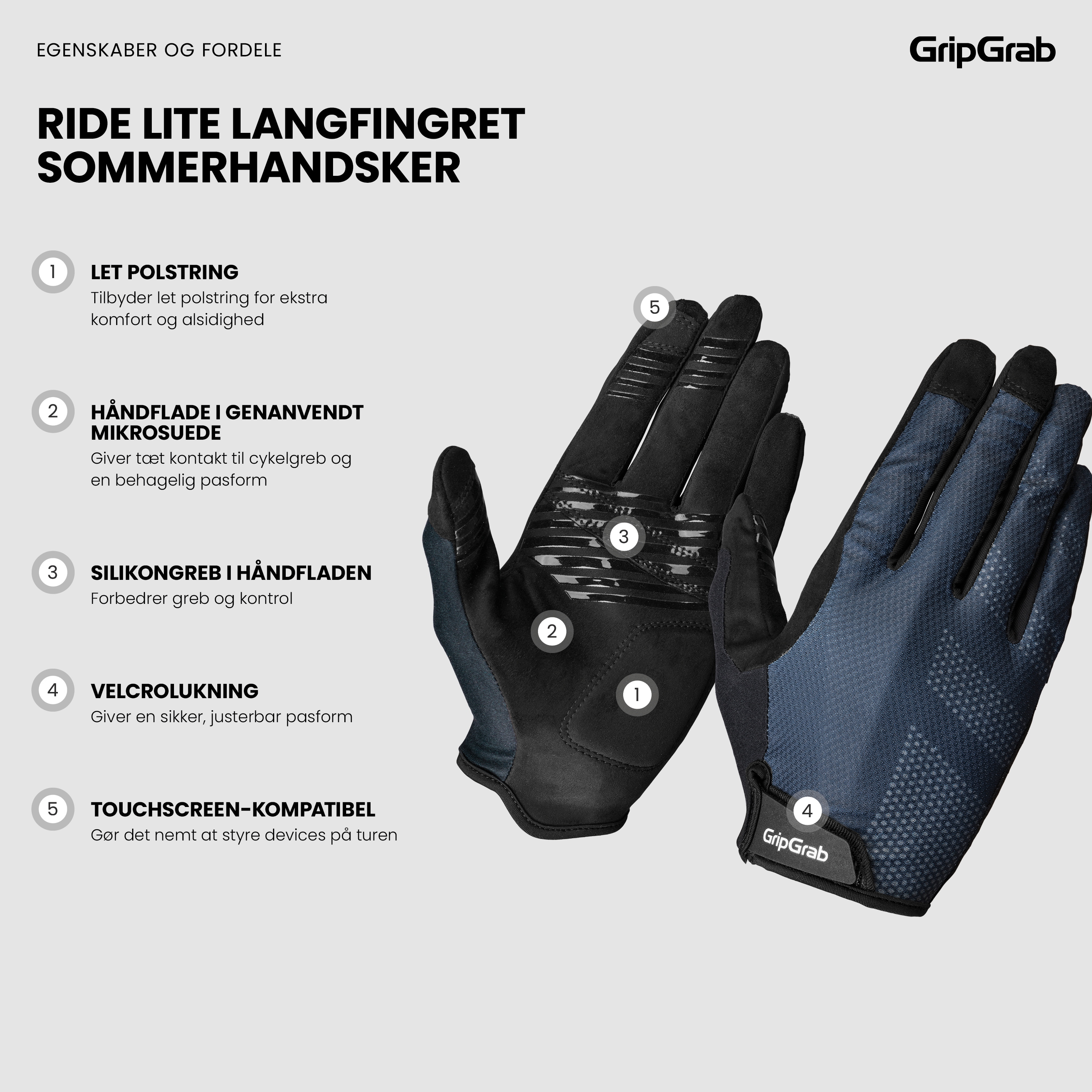 Beklædning - Cykelhandsker - GripGrab RIDE Lite Langfingret Sommerhandsker - Navy Blue