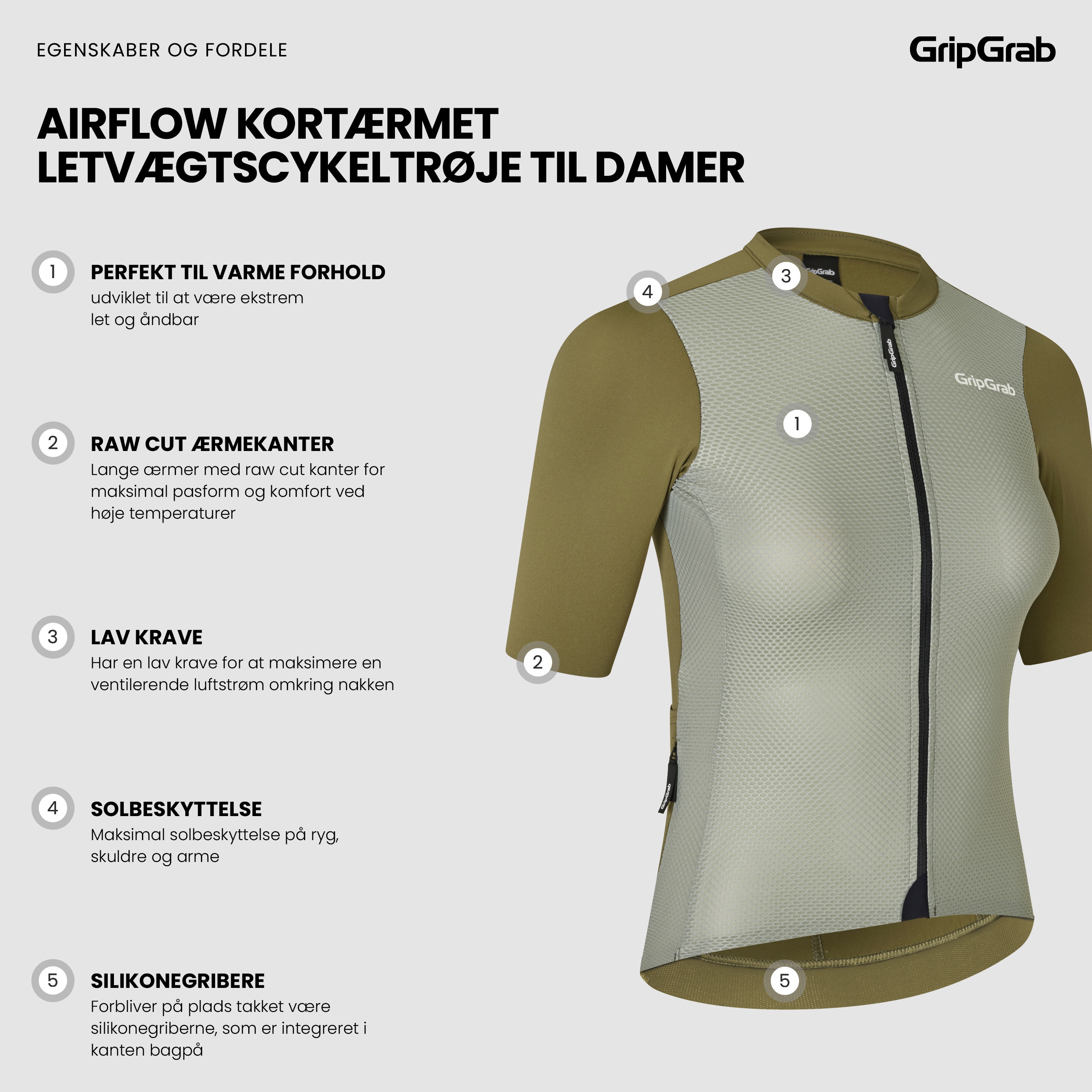 Beklædning - Cykeltrøjer - GripGrab Women's Airflow Kortærmet Letvægts Cykeltrøje - Olive Green