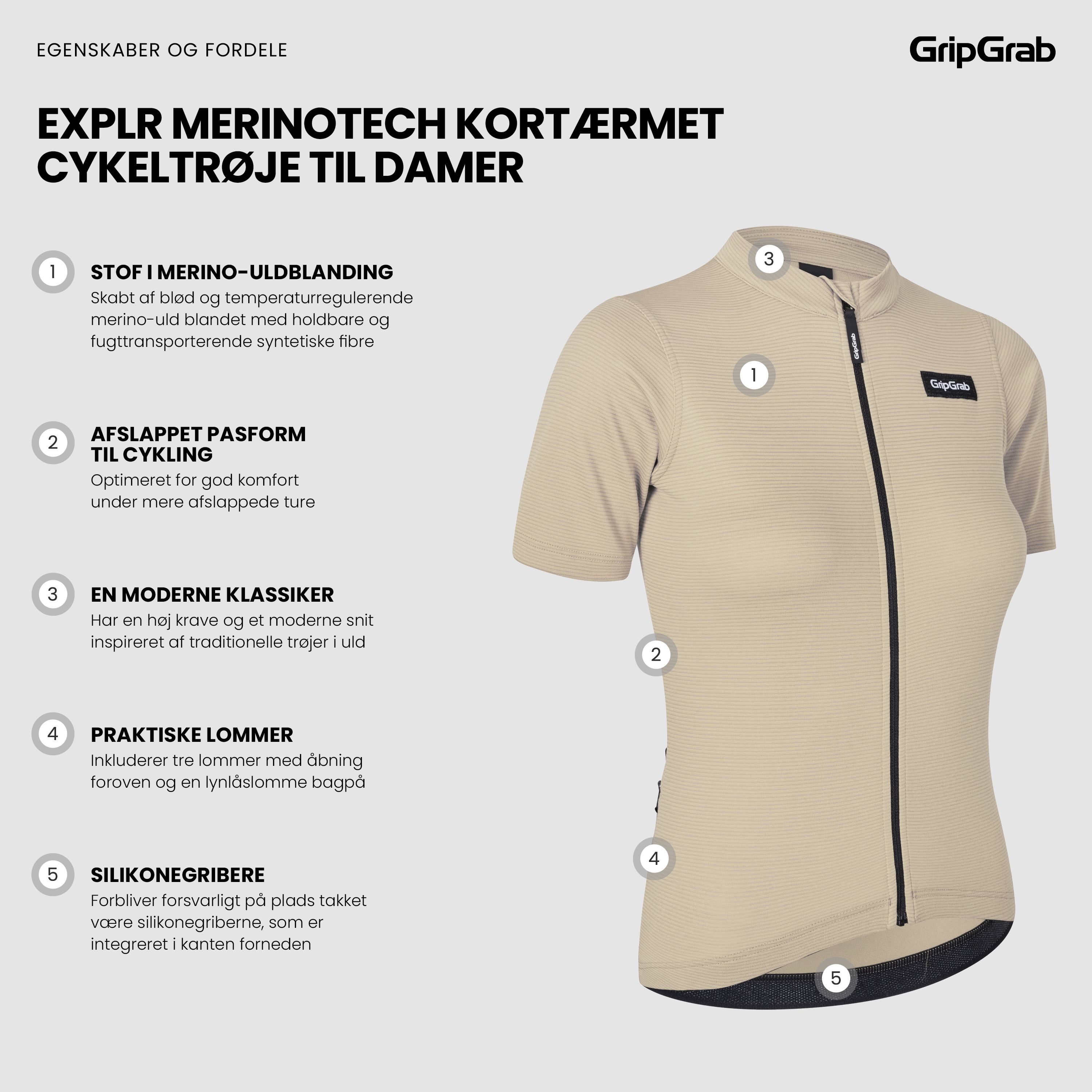 Beklædning - Cykeltrøjer - GripGrab EXPLR Merinotech kortærmet cykeltrøje til damer - Beige