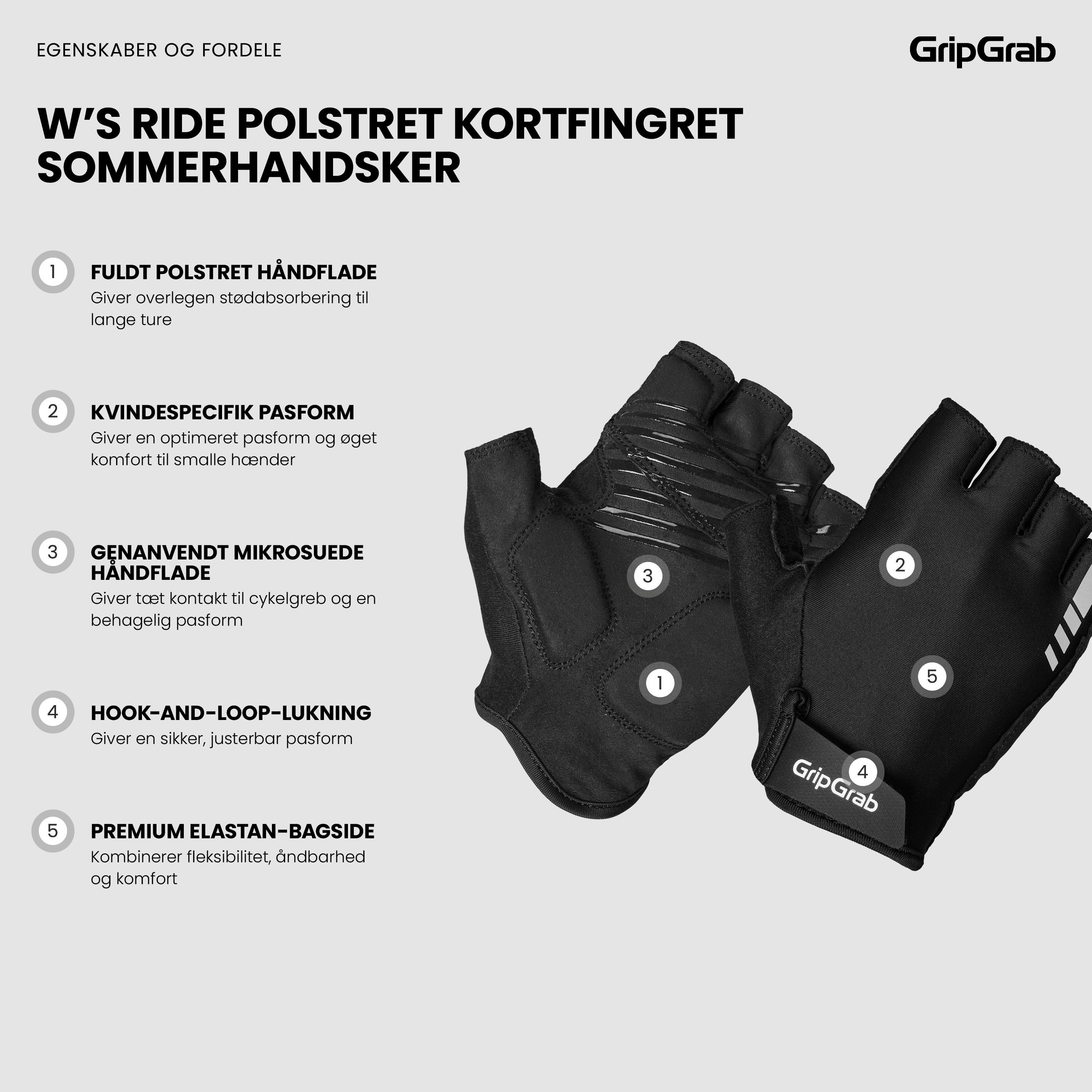 Beklædning - Cykelhandsker - GripGrab W's RIDE Polstret Kortfingret Sommerhandsker - Black